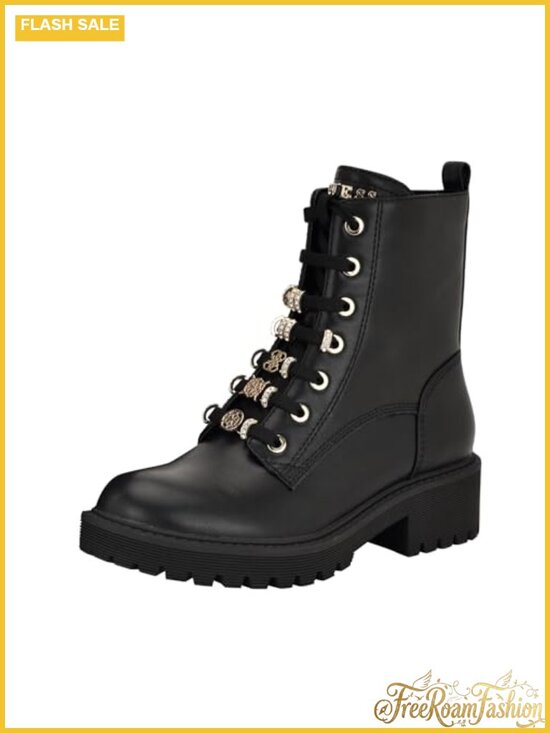 Shoes - Faux Leather Charm Lace-Up Combat Ankle Booties